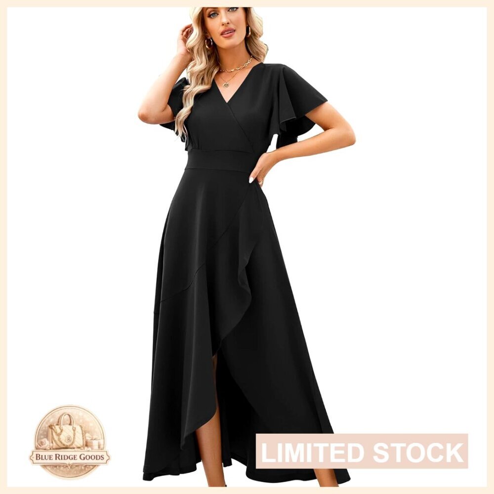 Elegant V-Neck Wrap Formal Gown Ruffle Sleeve Slit Hem Evening Party Dress